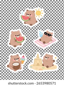 Cute capybara sticker set showing vacation moments like sightseeing, relaxing, and exploring during summer. Great for decoration and digital planners.