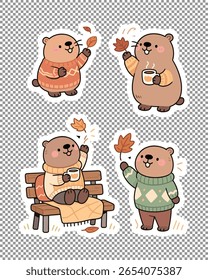 Cute capybara stickers enjoying crisp fall weather: wearing scarves, watching leaves fall, and sipping warm drinks. Ideal for cozy designs and journaling.