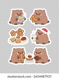 Adesivos capivaras bonitos desfrutando de guloseimas de inverno: cacau quente, biscoitos, sopa e muito mais. Perfeito para projetos sazonais com temas de comida.