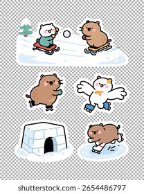 Cute capybara stickers playing in snow: throwing snowballs, making snowmen, and sliding. Ideal for winter fun projects.