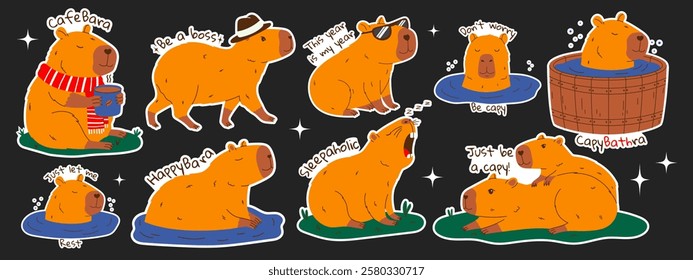 Cute capybara stickers set with text. Set of rodent characters swimming in pond, relaxing, playing, drinking coffee. Hand drawn vector illustration