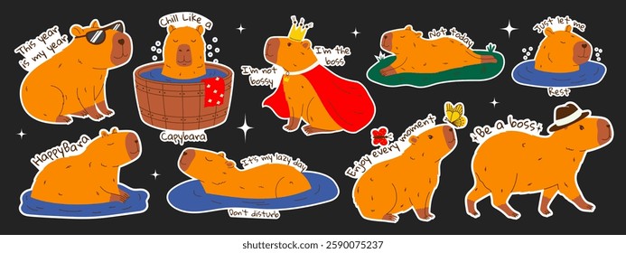 Cute capybara stickers set with text. Set of rodent characters swimming in pond, relaxing, walking. Hand drawn vector illustration