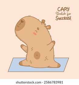 Cute capybara stretching on yoga mat. Funny meditation and fitness. Cartoon kawaii animal sportsman yogi with motivational quote. Vector illustration