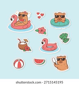 Lindo Capybara Summer Sticker Set con Flamingo y Elementos Tropicales
