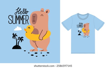 Cute capybara summertime illustration with tshirt design vector the Concept of Isolated Technology. Flat Cartoon Style Suitable for Landing Web Pages,T shirt, Flyers, Stickers