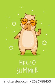 Bonito сcapivara de artoon com óculos de sol no fundo verde - animal engraçado para seu projeto feliz cartão de saudação de verão