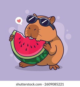 Cute capybara  with sunglasses and watermelon. Vector illustration.