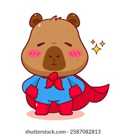 Cute Capybara superhero cartoon character. Kawaii animal concept design. Vector art illustration.