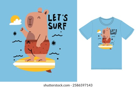 Cute capybara surfinging illustration with tshirt design premium vector the Concept of Isolated Technology. Flat Cartoon Style Suitable for Landing Web Pages,T shirt, Flyers, Stickers