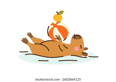 Cute capybara swim in water with beach ball. Hand drawn vector illustration. Funny animal isolated on white. Naive childish design. Cool comic summer character, kids poster, card, social media banner.
