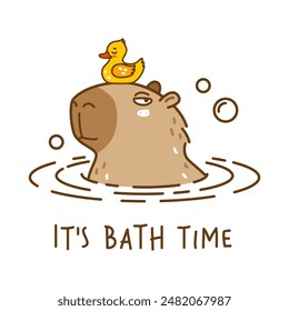 Cute сartoon capybara swimming with bath duck isolated on white - funny animal for Your design