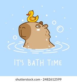 Cute сartoon capybara swimming with bath duck  - funny animal for Your design