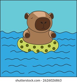 Cute capybara swimming with floaty in water