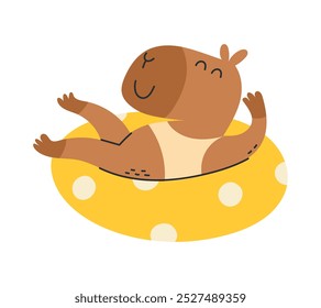 Capibara lindo en un anillo inflable de la natación. Un animal gracioso. Vector de mano libre plana ilustración aislada