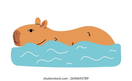 Cute capybara swimming, isolated on white in cartoon flat style. Adorable animal in water, perfect for kids designs, summer themes, stickers, nature decor, and wildlife illustration projects.