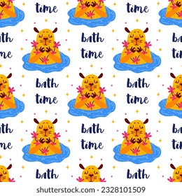 Cute capybara swimming in the lake seamless vector pattern. Funny pet with a flower necklace is meditating. Bath time. Flat cartoon illustration. Bright baby background for posters, print, wallpapers