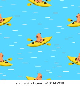 Cute capybara swimming on kayak seamless pattern. Vector cartoon print