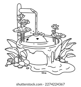 Cute capybara swimming in the pool and relaxing under bamboo water fountain among lotus flowers and greenery. Coloring page for children. Vector black and white illustration.