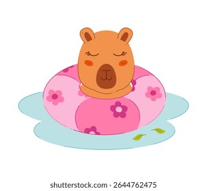 Cute capybara with a swimming ring in the water. Color clip art for your projects.