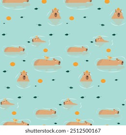 Cute capybara swimming with tangerines seamless pattern. Vector seamless pattern with swimming capybaras with leaves.