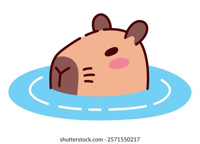 Cute Capybara Swimming in Water Illustration in Flat Style. Only Head Visible. Adorable Cartoon Animal Design, Perfect for Children's Books, Stickers, Merchandise, and Nature-Themed Projects