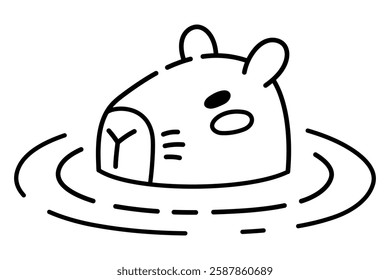 Cute Capybara Swimming in Water Illustration in Doodle Style. Only Head Visible. Adorable Cartoon Animal Line Art, Perfect for Children's Books, Stickers, Merchandise, and Nature-Themed Projects