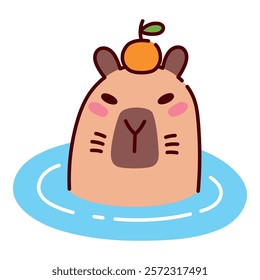 Cute Capybara Swimming in Water with Orange on Head Illustration in Flat Style. Only Head Visible. Adorable Cartoon Animal Design, Perfect for Children's Books, Stickers, Merchandise