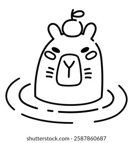 Cute Capybara Swimming in Water with Orange on Head Illustration in Doodle Style. Only Head Visible. Adorable Cartoon Animal Line Art, Perfect for Children's Books, Stickers, Merchandise