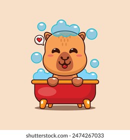 Capibara lindo tomando el baño de burbujas en la Ilustración vectorial de dibujos animados de la bañera. Vector de dibujos animados Ilustración adecuada para el cartel, folleto, Web, mascota, etiqueta engomada, logotipo e icono.