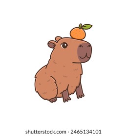 Capibara lindo y mandarina o mandarina cítricos. Caricatura divertida roedor. Encantador carácter animal lindo. Ilustración vectorial aislada sobre fondo blanco