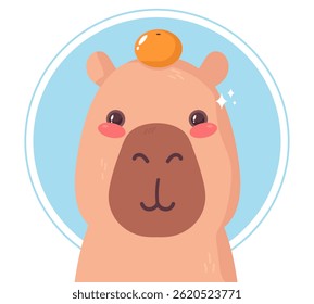 Capivara bonita com tangerina em uma cabeça. Ilustração vetorial