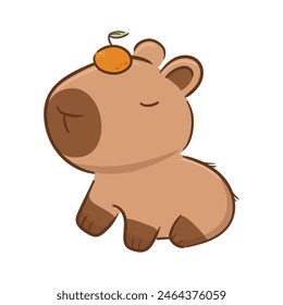 Bonito capibara con una mandarina en la cabeza en estilo kawaii asiático. Caricatura. Ilustración vectorial divertida para pegatinas, logotipo, mascota, Elementos aislados