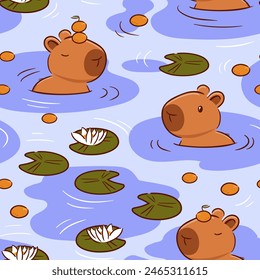 Bonito capibara con una mandarina en la cabeza nada en un estanque de loto en estilo kawaii asiático. Caricatura personaje Ilustración vectorial divertida para el Fondo de pantalla, tela, envoltura, fondo