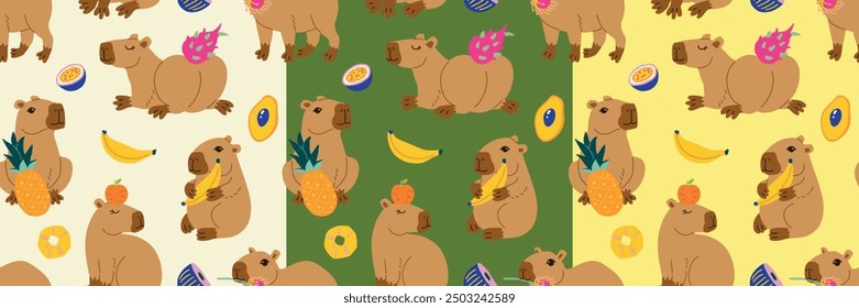 Cute capybara with tropical fruits in various poses vector illustration. South America mammal seamless pattern for wallpaper wrapping paper