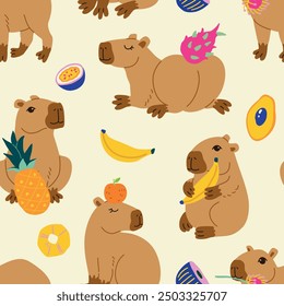 Cute capybara with tropical fruits in various poses vector illustration. South America mammal seamless pattern for wallpaper wrapping paper