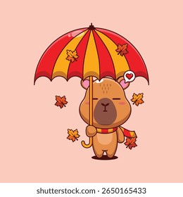 Cute capybara with umbrella in autumn cartoon vector illustration