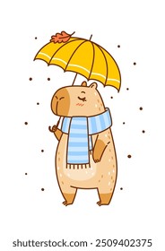 Cute сartoon capybara with umbrella isolated on white - funny animal for Your cozy autumn design