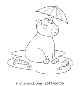 Cute capybara with an umbrella on his head sits on the beach. Outline clip art for your projects.