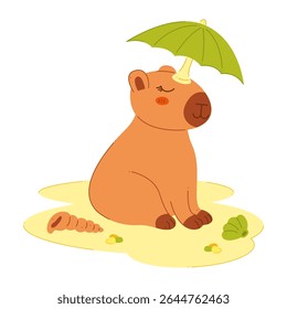 Capivara bonito com um guarda-chuva na cabeça fica na praia. Um clip-art colorido para seus projetos.