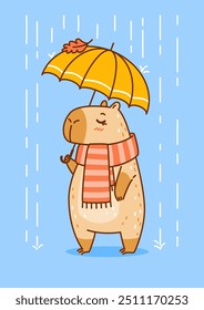 Cute сartoon capybara with umbrella on rainy background - funny animal for Your cozy autumn design