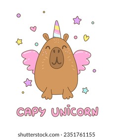 Cute capybara in a unicorn costume. Vector illustration for sticker, phone case, poster, t-shirt, mug and other design.