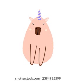 Cute capybara unicorn in flat style. Vector illustration of a capybara for a postcard, children's clothing