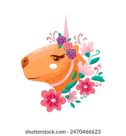 Cute capybara unicorn with flowers. For printing on T-shirt and paper. Vector illustration.