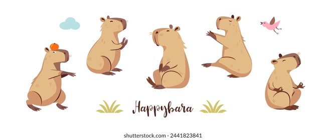 Cute capybara in various poses,  characters set, vector isolated flat illustrations