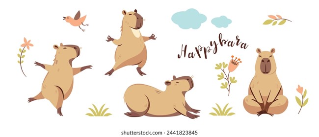 Cute capybara in various poses,  characters set, vector isolated flat illustrations