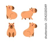 Cute capybara in various poses set. Funny animals clipart isolated on white background in vector.