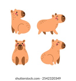 Lindo capibara en varias poses. Clipart divertido de los animales aislado en el fondo blanco en Vector.