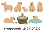 Cute capybara in various poses vector illustration set. Capybara in onsen water. Mom and baby capybara.