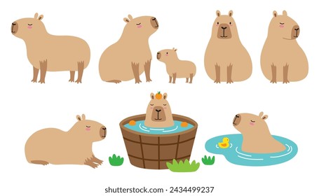 Cute capybara in various poses vector illustration set. Capybara in onsen water. Mom and baby capybara.