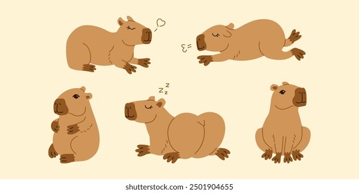 Capibara lindo en varias poses Conjunto de Ilustración vectorial Capibara divertido, adorable animal exótico relajante de pie y sentado impresión o cartel de mamíferos de América del Sur. Vector aislado plano de la historieta fijado